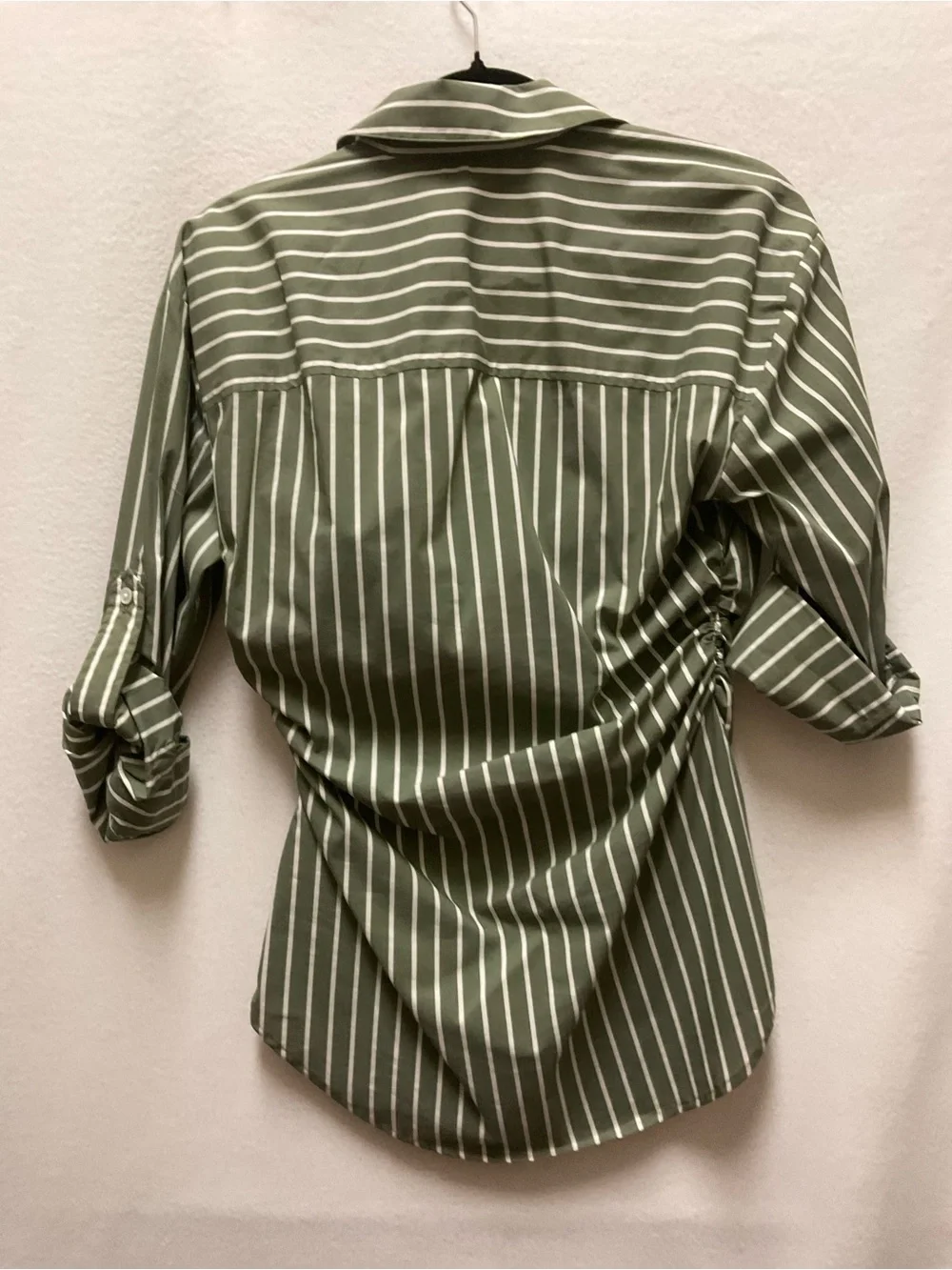 Veronica Beard Olive Green & White Striped Ruched Button-Down Shirt - Picture 2 of 5